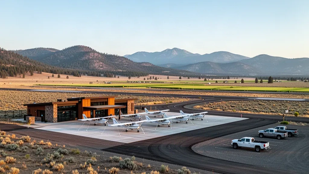 John Day, Oregon'daki Grant County Regional Airport'ta terminalin yanındaki apron üzerinde küçük bir genel havacılık uçağı, arka planda Strawberry Dağı etekleri
