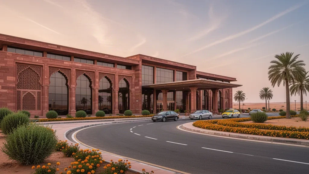 Golden-hour view of Jodhpur Airport terminal facade with sandstone arches, palm trees and a drop-off lane in Rajasthan