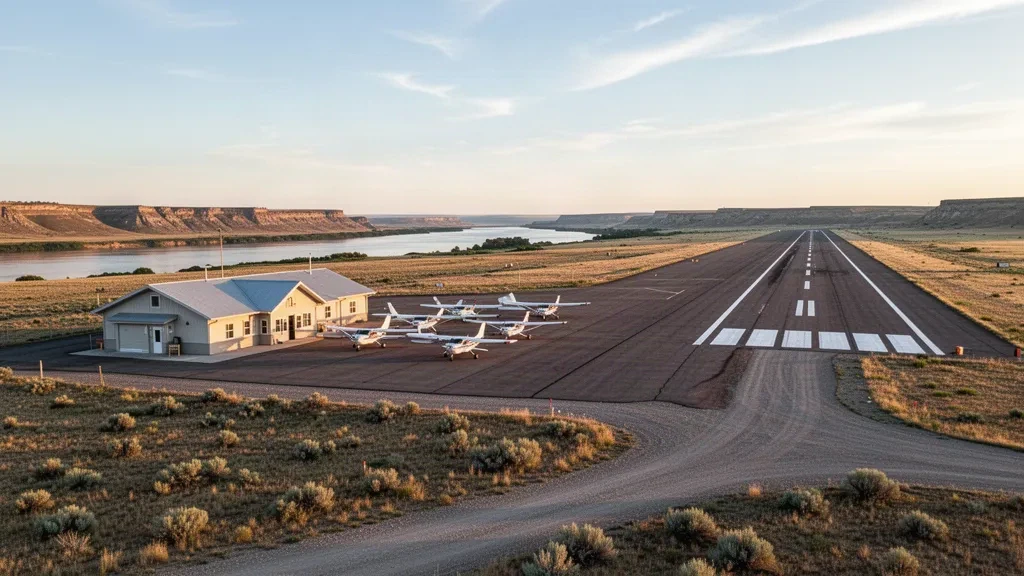 Petit aérodrome rural près de Jordan, Montana, avec une seule piste, un terminal modeste et des aéronefs légers sous un large ciel de prairie