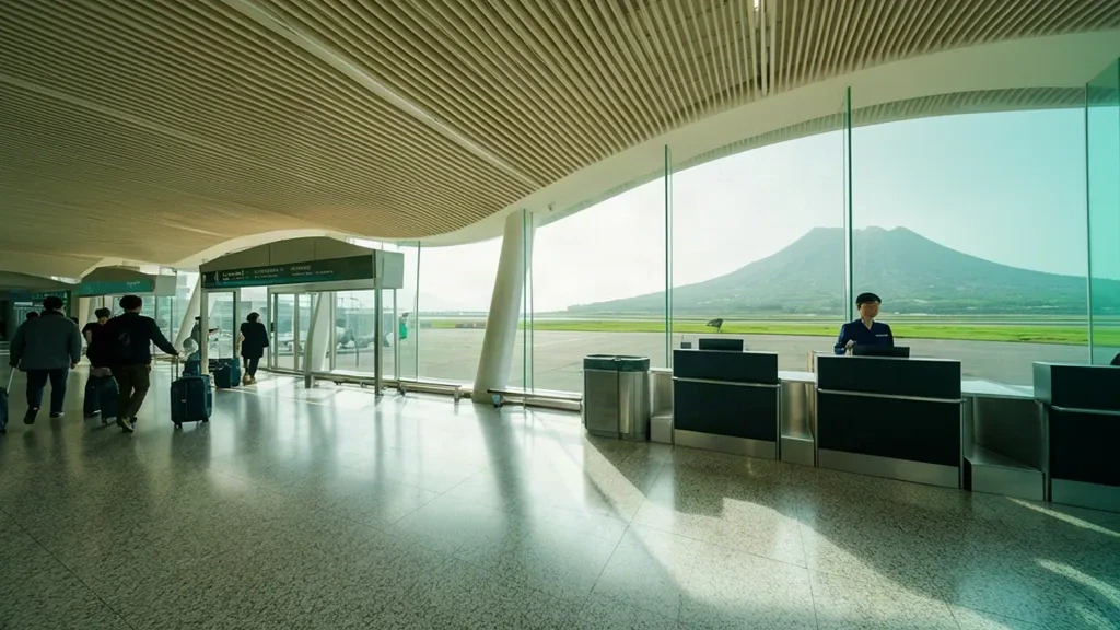 Intérieur de l'aéroport de Jeongseok sur l'île de Jeju, en Corée du Sud, montrant son hall d'embarquement compact et ses comptoirs d'enregistrement dans une lumière douce