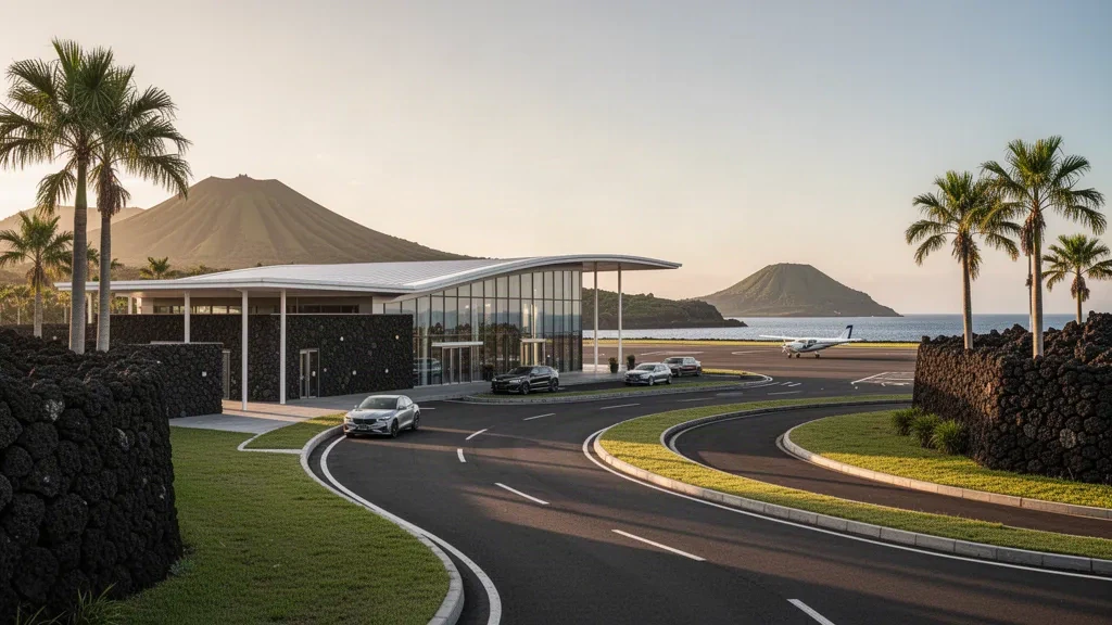 Terminal aeroportuale moderno e basso sull'Isola di Jeju vicino a Jeongseok con palme, pietra vulcanica e colline costiere durante l'ora d'oro