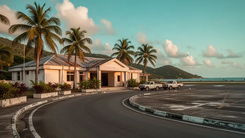 Golden-hour view of Jérémie Airport's low cream terminal, palm trees and curving access road in Haiti