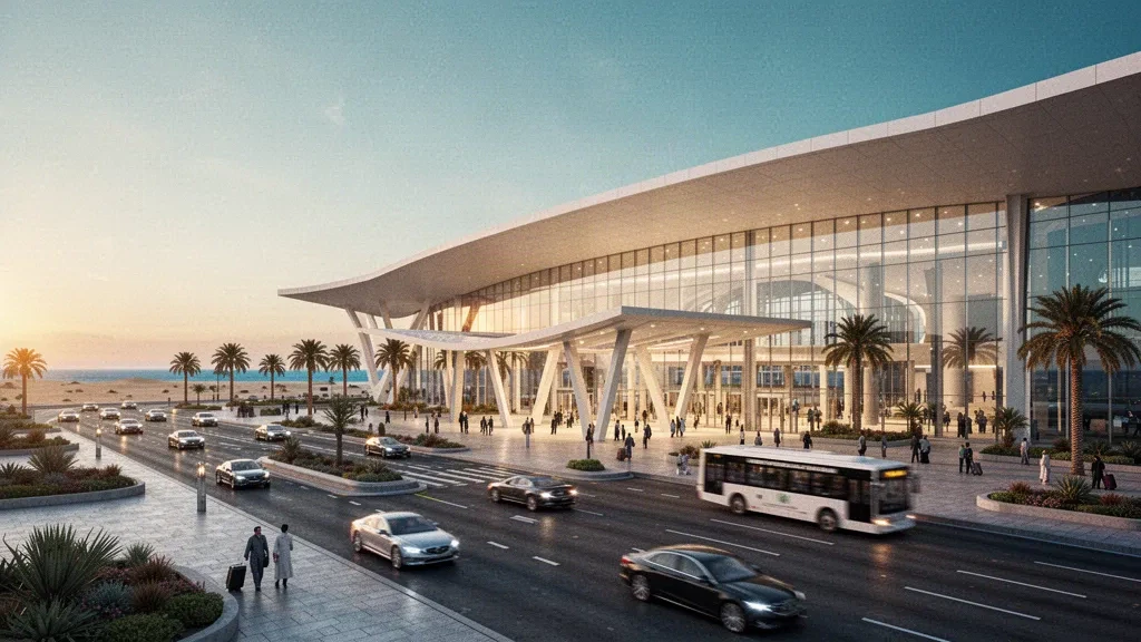 Modern glass terminal and palm-lined drop-off lanes at King Abdulaziz International Airport in Jeddah at dusk