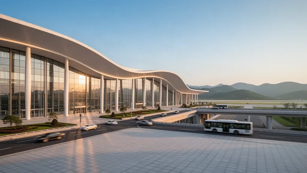 Jingdezhen Luojia Havalimanı'nın cam duvarlı ve altın saatlerde peyzajlı bir bırakma yoluna sahip modern beyaz kavisli terminali