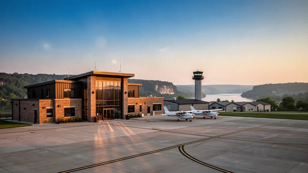 Blick zur goldenen Stunde auf ein kleines Flughafenterminal im Mittleren Westen, Vorfeld und abgestellte Leichtflugzeuge am Jefferson City Memorial Airport in Missouri