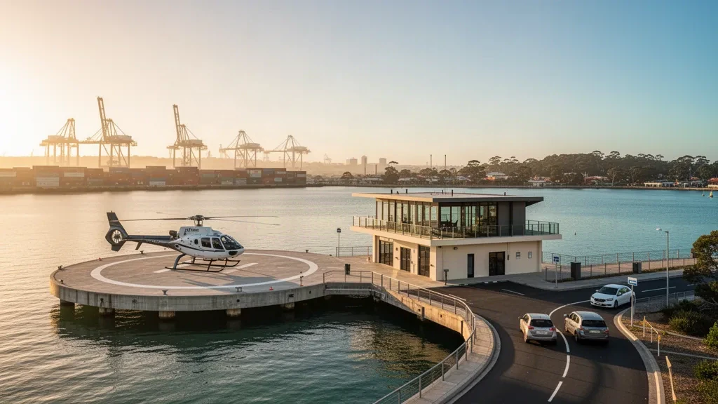 Helicopter resting on the waterfront landing pad at Fremantle Heliport with harbour cranes and Indian Ocean skyline at golden hour