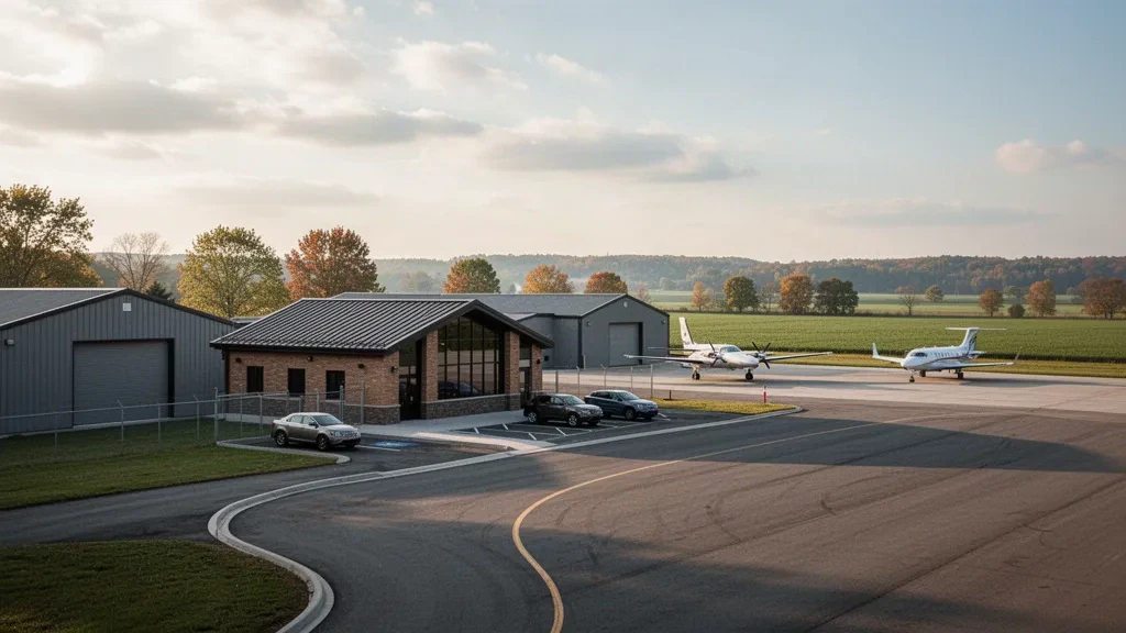 Veduta all'ora d'oro di un piccolo terminal aeroportuale regionale, piazzale e hangar circondati dalle campagne agricole dell'Ohio