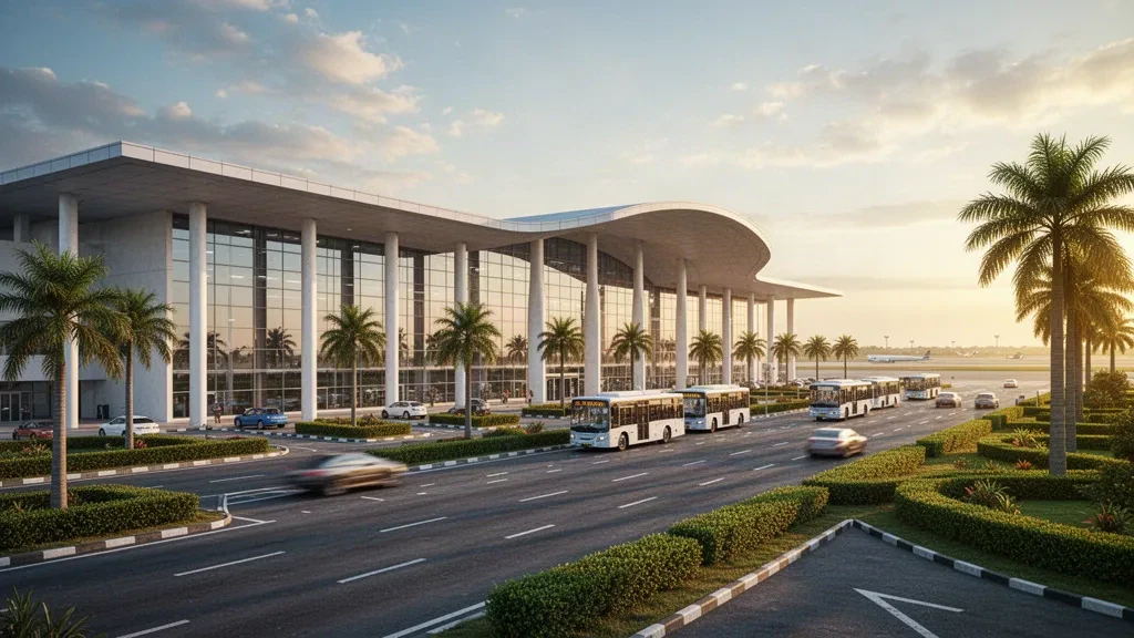 Exterior de la terminal moderna y carril de descenso en el aeropuerto de Jamnagar, Gujarat, durante la hora dorada