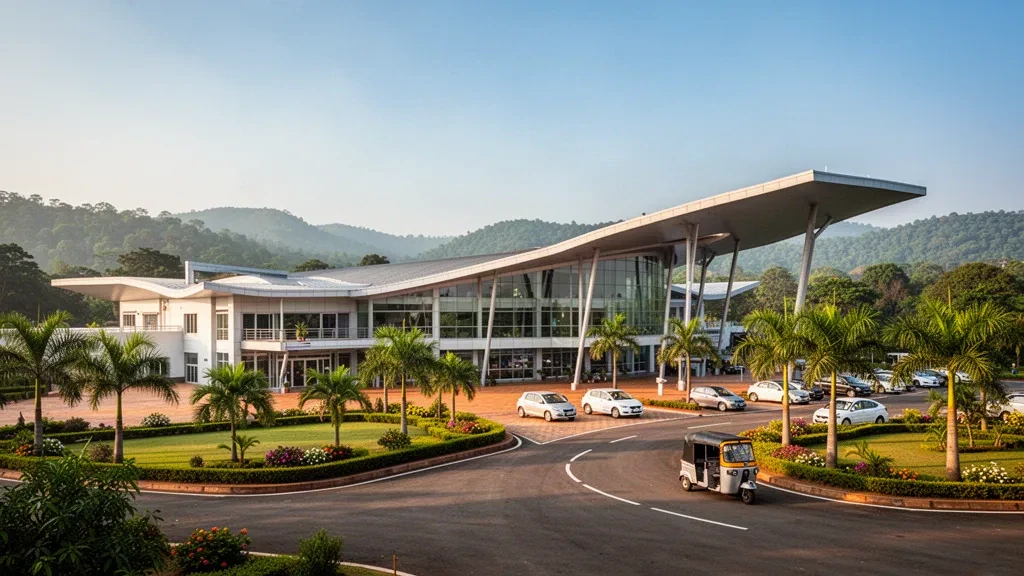 Terminal moderna de cristal y explanada de acceso del Aeropuerto de Jagdalpur en Chhattisgarh, enmarcados por las verdes colinas de Bastar durante la hora dorada