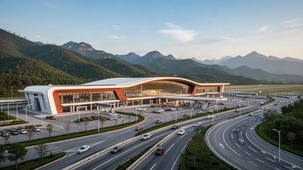 Esterno moderno del terminal in vetro e corsia di sosta all'aeroporto di Jinggangshan a Ji'an, Jiangxi, incorniciati da colline verdi durante l'ora d'oro.