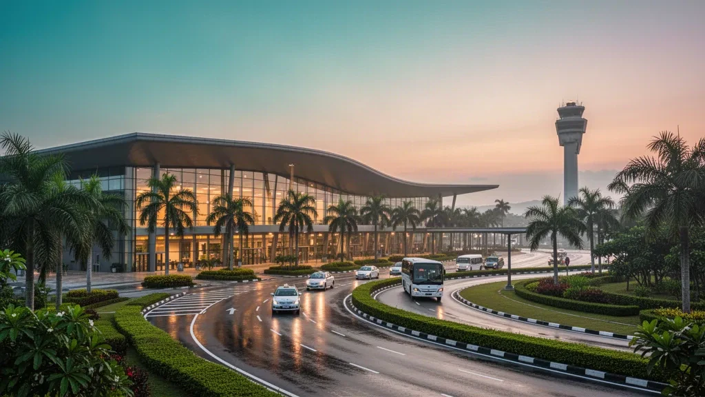 Modern glass terminal and palm-lined drop-off lane at Senai International Airport near Johor Bahru at golden hour