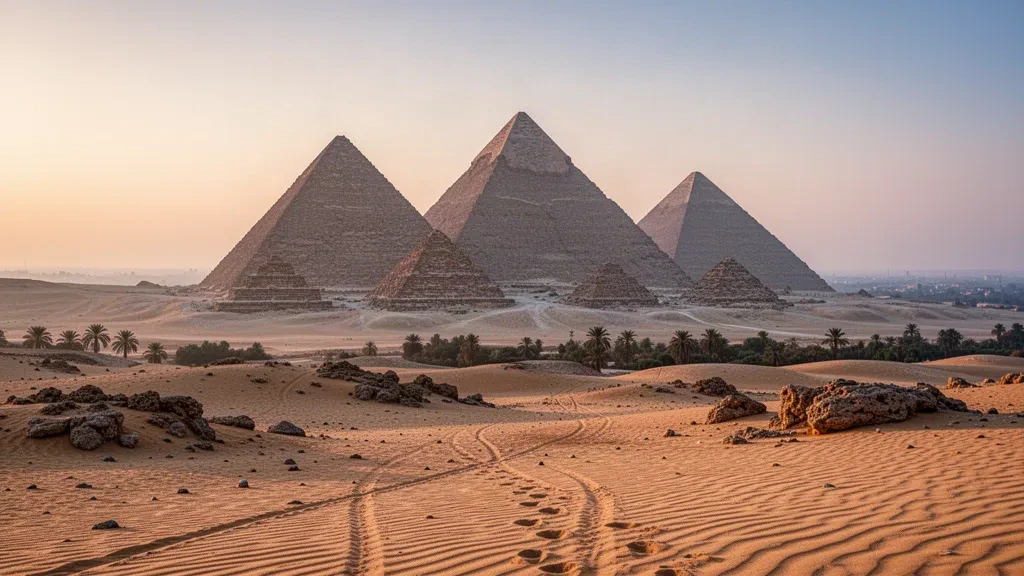 Golden morning light across the Great Pyramids of Giza plateau in Egypt, with rippled desert sands and a hazy horizon