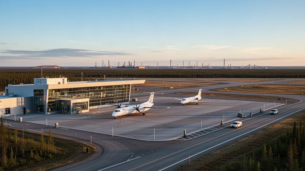 Terminal moderne et piste de l'aérodrome de Fort MacKay/Albian (JHL) en Alberta, entourés de forêt boréale à l'heure dorée.