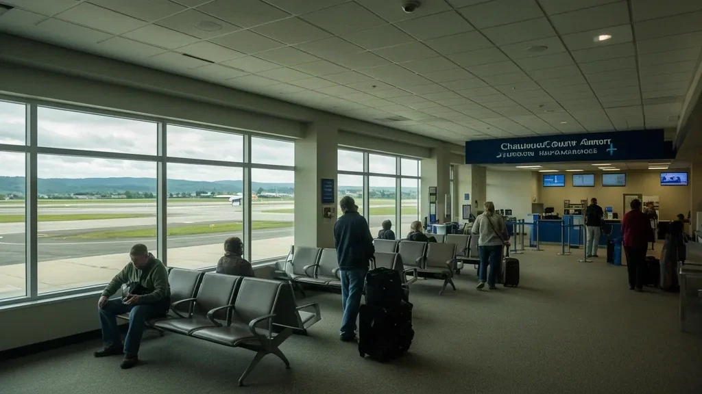 Interior of Chautauqua County-Jamestown Airport terminal in Jamestown, New York, with seating area, large windows, and travelers.