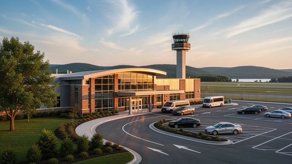 Modernes Glas-Terminal und Vorfahrtspur am Flughafen Chautauqua County-Jamestown im Westen von New York zur goldenen Stunde