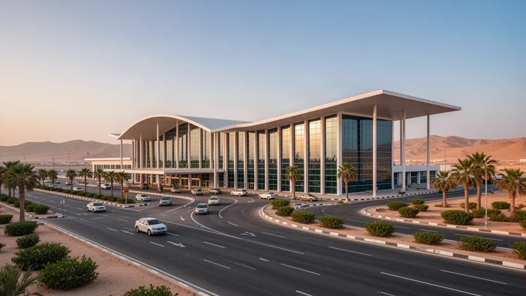 Modern glass terminal exterior at Djibouti-Ambouli International Airport with palm-lined drop-off lanes in golden-hour light