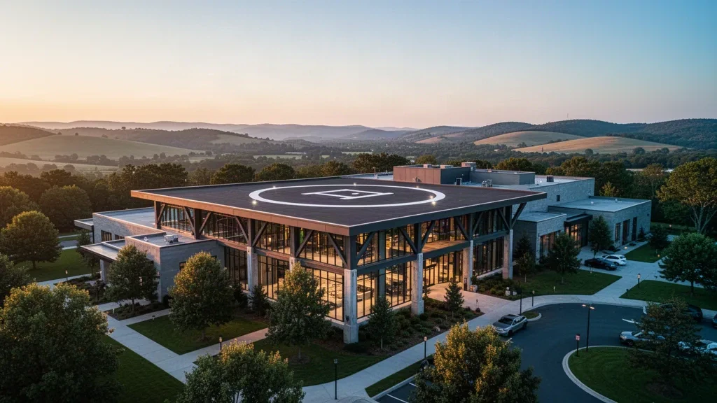 Moderner Dachlandeplatz auf einem gläsernen Freizeit- und Konferenzzentrum zur goldenen Stunde, umgeben von Bäumen, Rasenflächen und sanften Hügeln