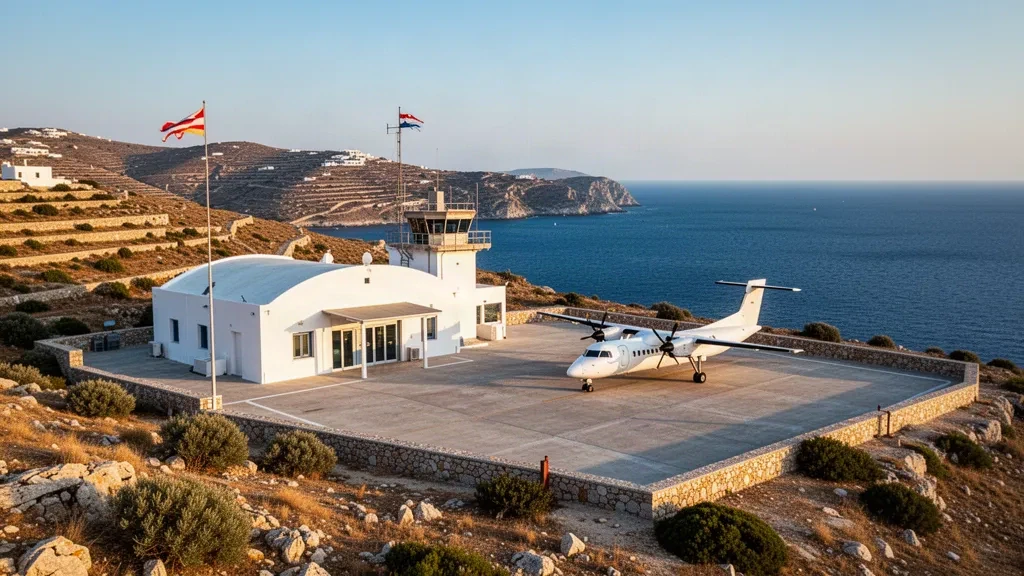 Altın saatte mavi Ege Denizi'nin üzerindeki kayalık bir yamaçta Ikaria Adası Havalimanı JIK'te badanalı terminal ve park halindeki turboprop uçak
