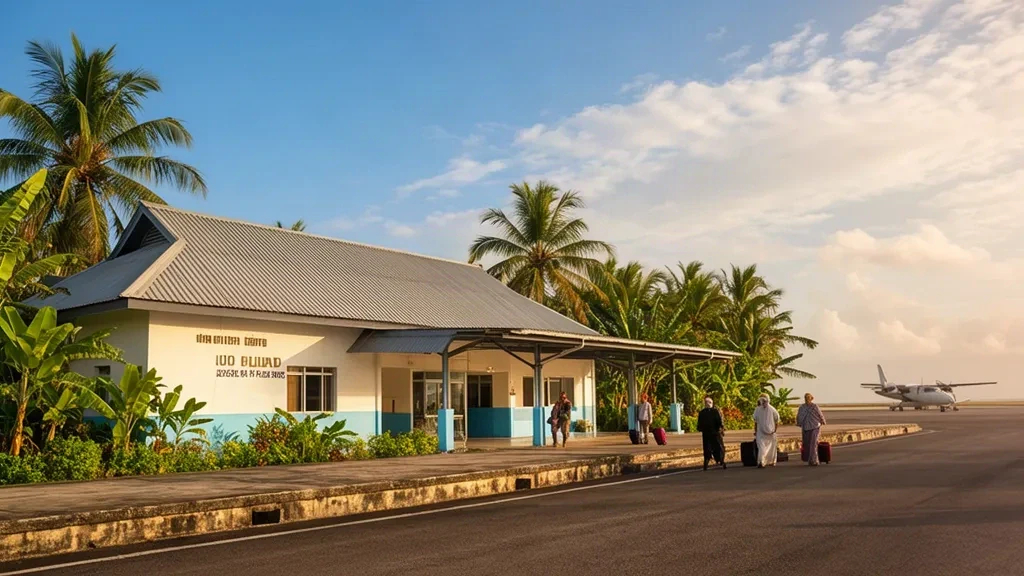 Tropical terminal exterior at Jos Orno Imsula Airport (JIO) on Moa Island, Indonesia, with palm trees and passengers.