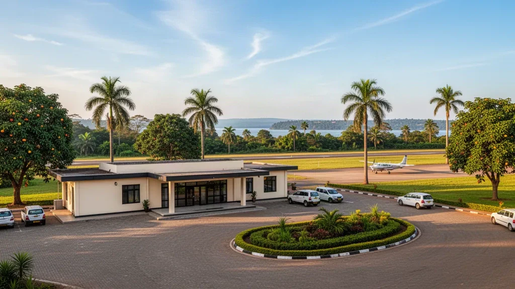Pequeña terminal moderna y explanada de descenso en el aeropuerto de Jinja, Uganda, rodeada de palmeras y exuberante vegetación tropical bajo la cálida luz de la tarde.