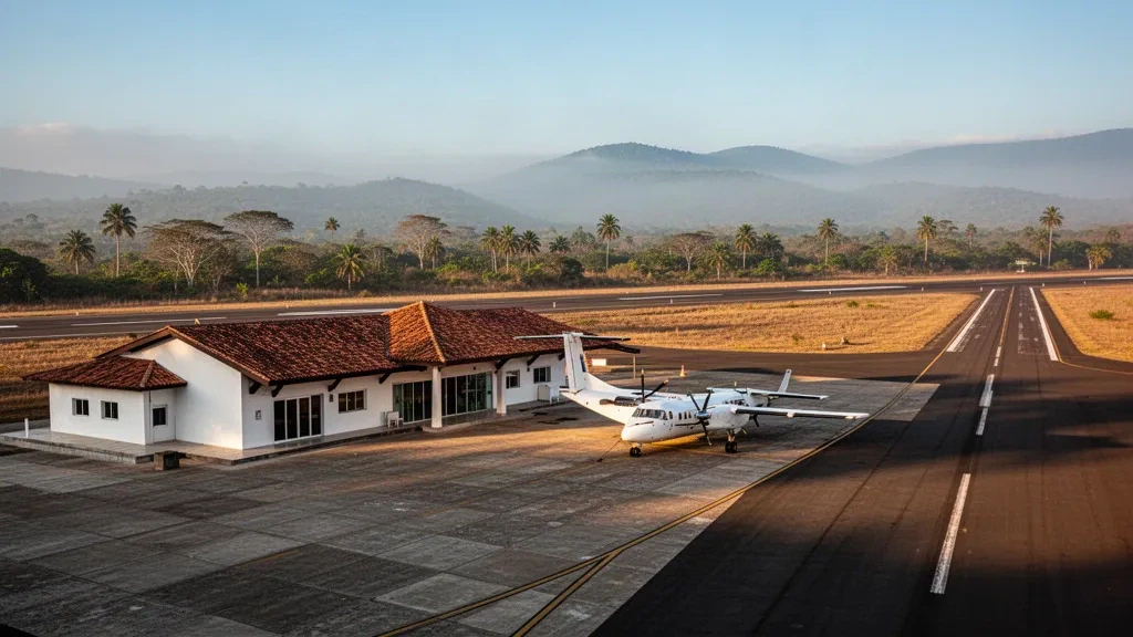 Kleines regionales Flughafenterminal und Startbahn für Jipijapa in Manabí, Ecuador, in warmem tropischem Licht am späten Nachmittag