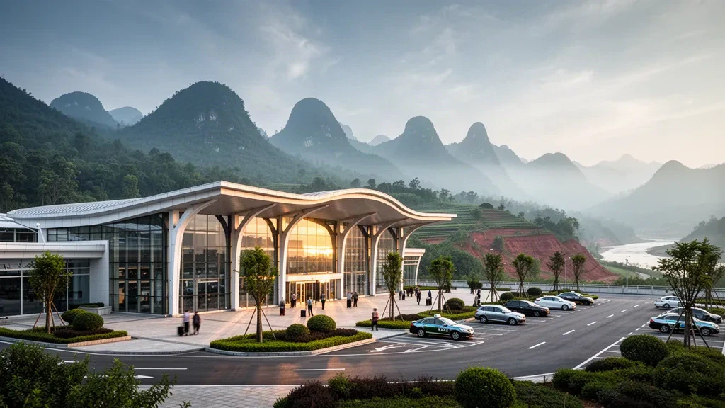 Modern glass airport terminal and drop-off lane in Jiujiang with misty Lushan mountain ridges behind it