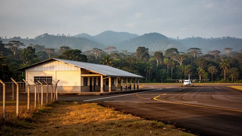 Kleines Regionalflughafenterminal in Juanjuí, Peru, umgeben von Amazonas-Regenwald und grünen Ausläufern der Anden in warmem tropischem Licht