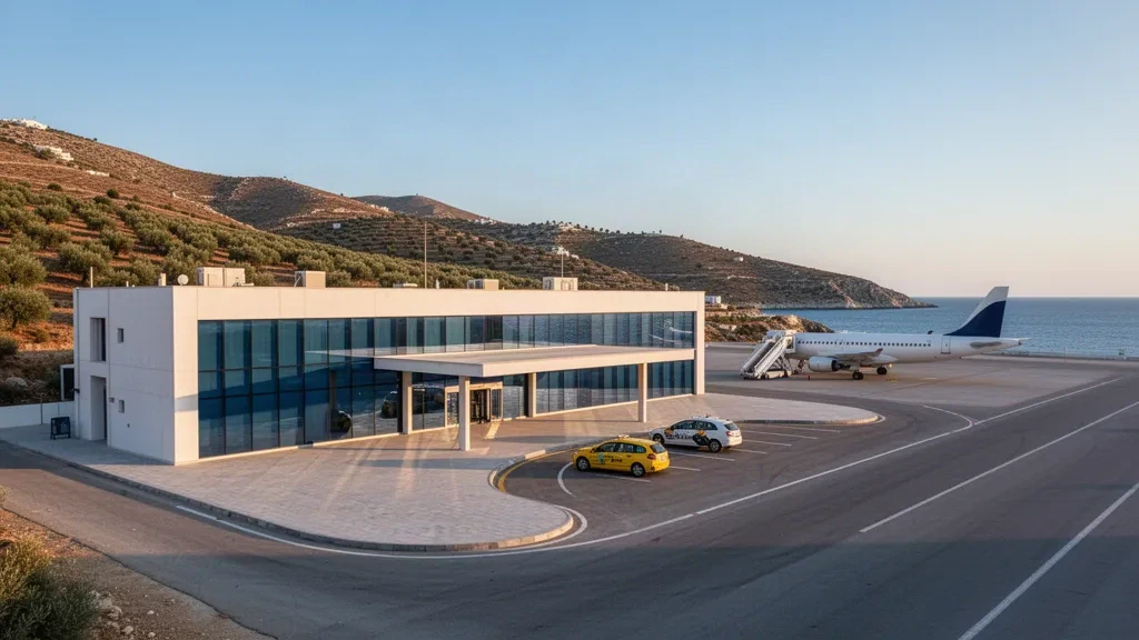Modernes Glasterminal und Vorfahrt am Nationalflughafen Chios in Griechenland, gebadet in warmem ägäischem Licht zur goldenen Stunde