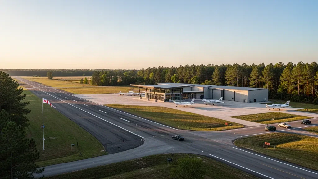 Vista durante la hora dorada de la pista, los hangares y la pequeña terminal del Aeropuerto del Condado de Cherokee cerca de Jacksonville, Texas