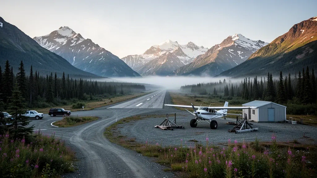 Abgelegene Schotterpiste am Quartz Creek Airport in Alaska, eingerahmt von den Chugach Mountains und Fichtenwald bei Sonnenaufgang