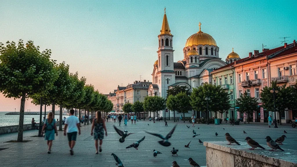 Vista durante la hora dorada de las cúpulas de la catedral de Varna elevándose sobre el centro de la ciudad costera del mar Negro en Bulgaria