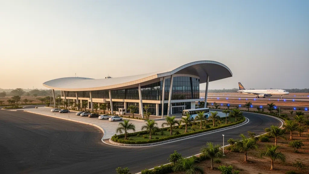 Modernes gläsernes Terminalgebäude am Flughafen Jalgaon in Maharashtra mit goldenem Licht zur Abendstunde auf den Zufahrtsstraßen und offenem Himmel für Hero-Overlays
