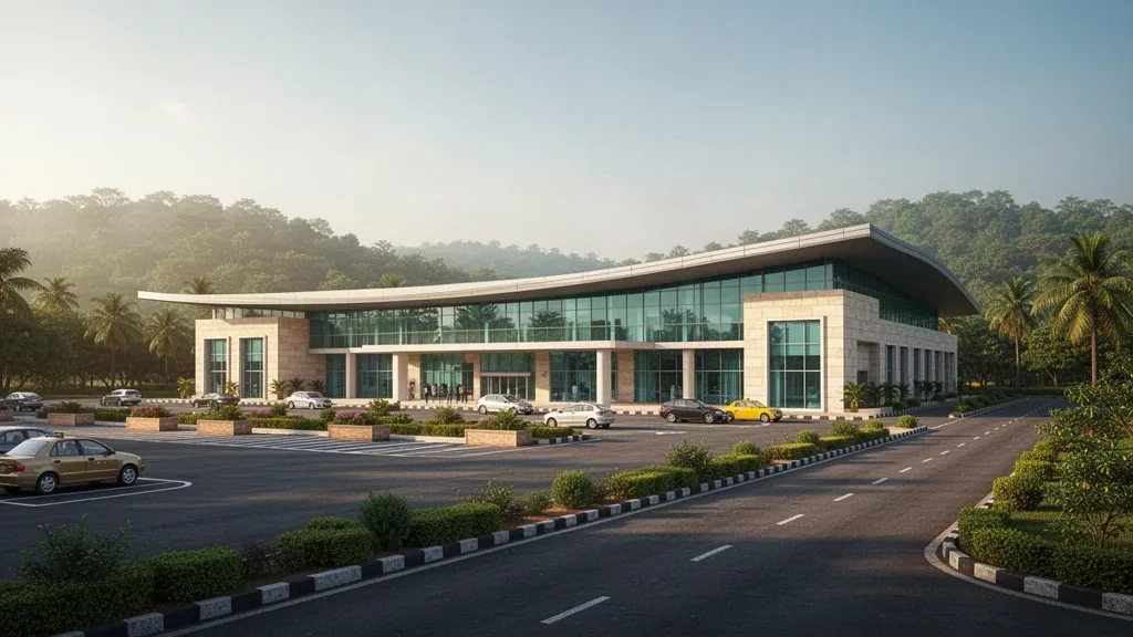 Modern glass terminal exterior at Jabalpur Airport with an open drop-off lane and green hills beyond