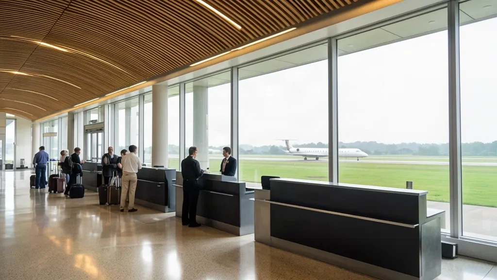 Bright terminal interior at Joplin Regional Airport in Missouri with check-in counters, large glass windows and travellers in the departure hall