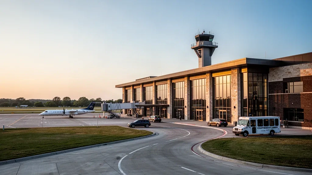 Modernes Terminal aus Glas und Stein am Joplin Regional Airport in Missouri mit einem Kontrollturm und einem Regionaljet zur goldenen Stunde