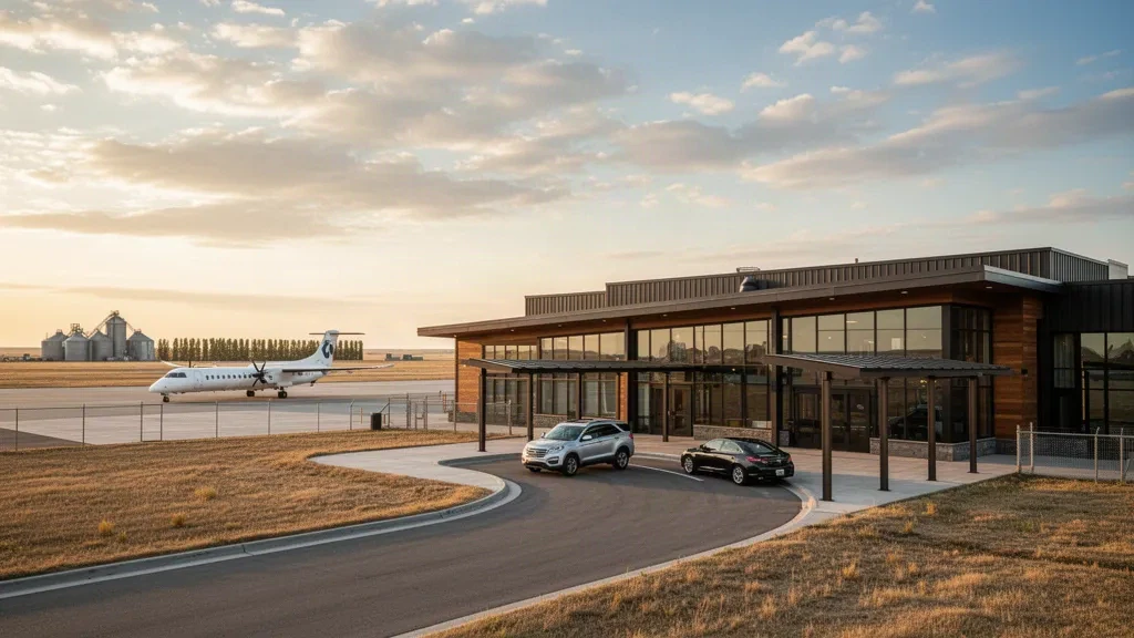 Golden hour view of the modern glass terminal, curved drop-off lane and prairie horizon at Jamestown Regional Airport, North Dakota