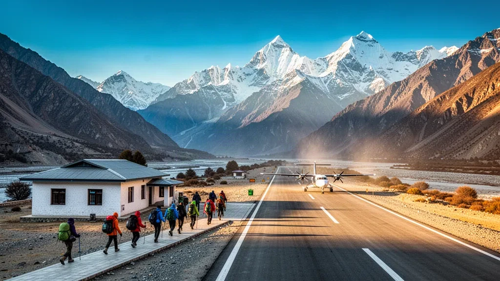 Aéroport de Jomsom dans le Mustang, au Népal, avec sa piste himalayenne unique et son terminal sous les sommets enneigés du Nilgiri à l'aube