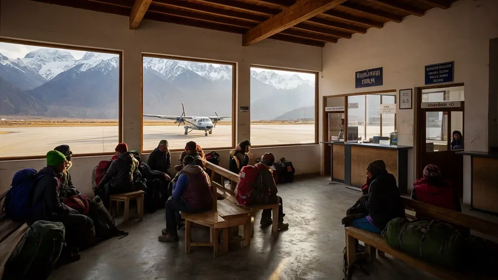 Interno del terminal dell'aeroporto di Jomsom nel Mustang, Nepal, con passeggeri, panche in legno e cime himalayane visibili attraverso grandi finestre.