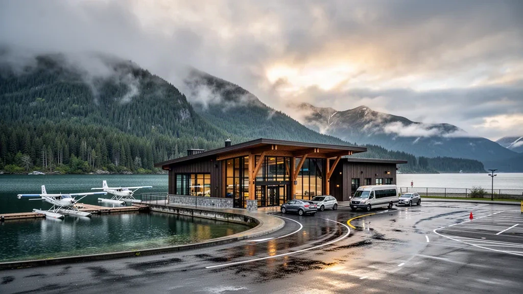 Glas- und Holzterminal am Juneau International Airport mit nebligen Regenwaldbergen und vertäuten Wasserflugzeugen in Südostalaska