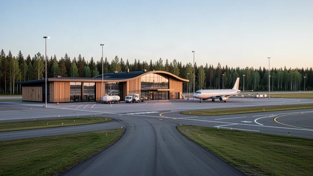 Modernes Terminal des Flughafens Joensuu in Finnland mit Glasfassade, Vorfeld, abgestellten Flugzeugen und umgebendem Kiefernwald in weichem nordischem Licht