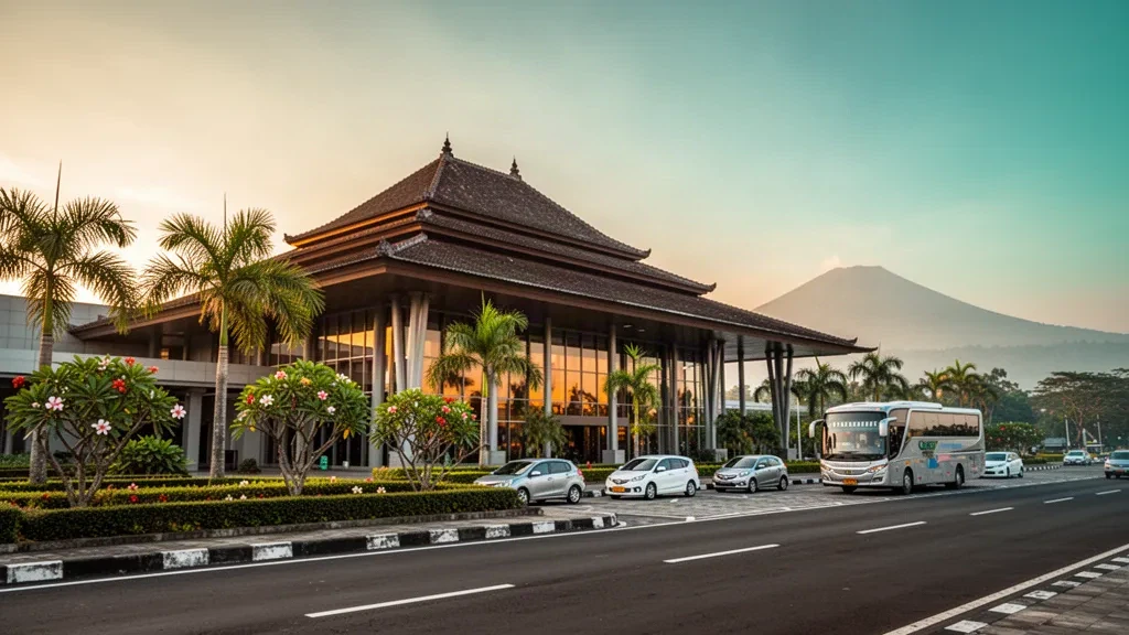 Modern glass and Javanese-inspired terminal exterior at Adisutjipto International Airport in Yogyakarta under warm tropical light