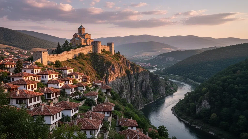 Vue à l'heure dorée de la forteresse de Tsarevets et de la vieille ville de Veliko Tarnovo au-dessus de la rivière Yantra en Bulgarie