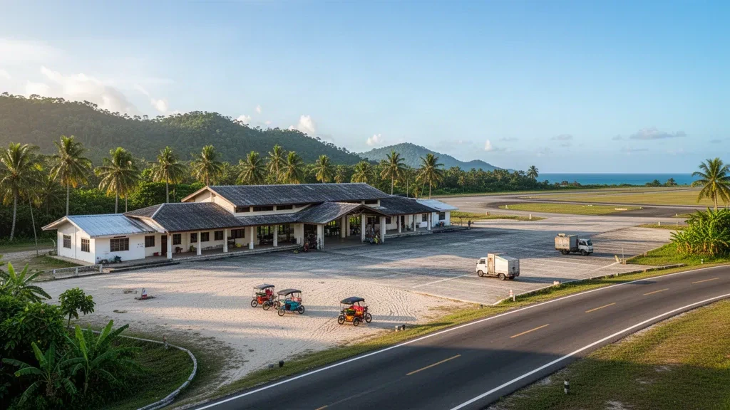 Terminal de aeropuerto provincial tropical y entorno de pista en Jolo, Sulu, enmarcados por palmeras con un entorno costero luminoso