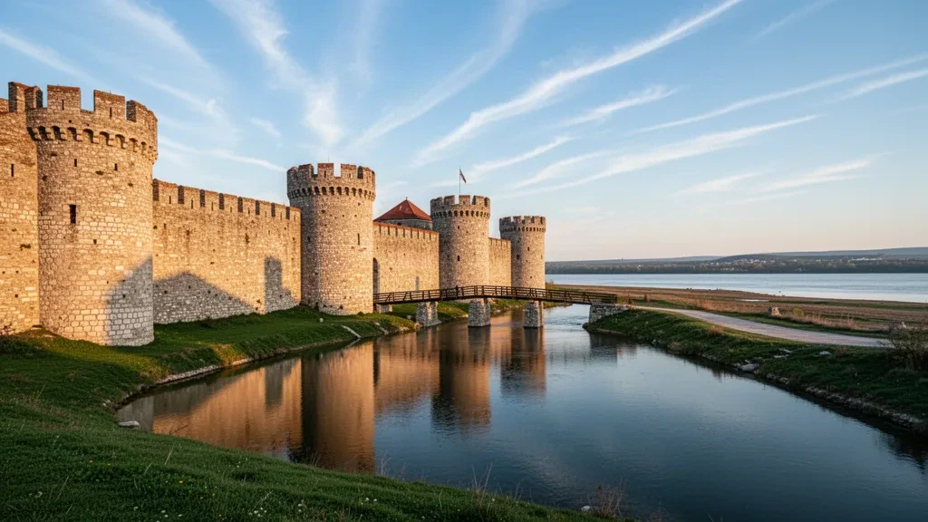 Baba Vida Fortress stone walls and towers in Vidin, Bulgaria, beside the Danube under golden-hour light