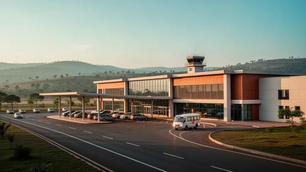Extérieur d'un terminal moderne et voie de dépose à l'aéroport Yakubu Gowon près de Jos, au Nigeria, baignés dans la lumière chaude de fin d'après-midi