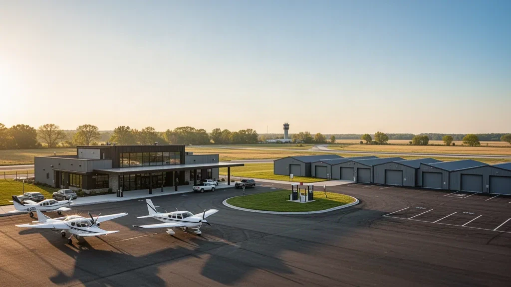 Plataforma del Aeropuerto Regional de Joliet con aeronaves ligeras, hangares en T y una pequeña terminal moderna a la hora dorada en Joliet, Illinois