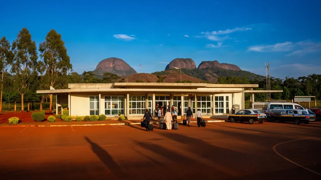 Esterno del terminal dell'aeroporto Yakubu Gowon a Jos, Nigeria, con viaggiatori e taxi nel piazzale d'ingresso