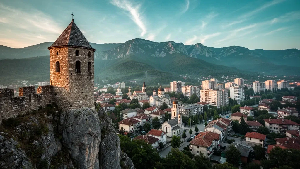 Vratsa's medieval stone tower above the town with the Vrachanski Balkan mountains behind it in Bulgaria at golden hour