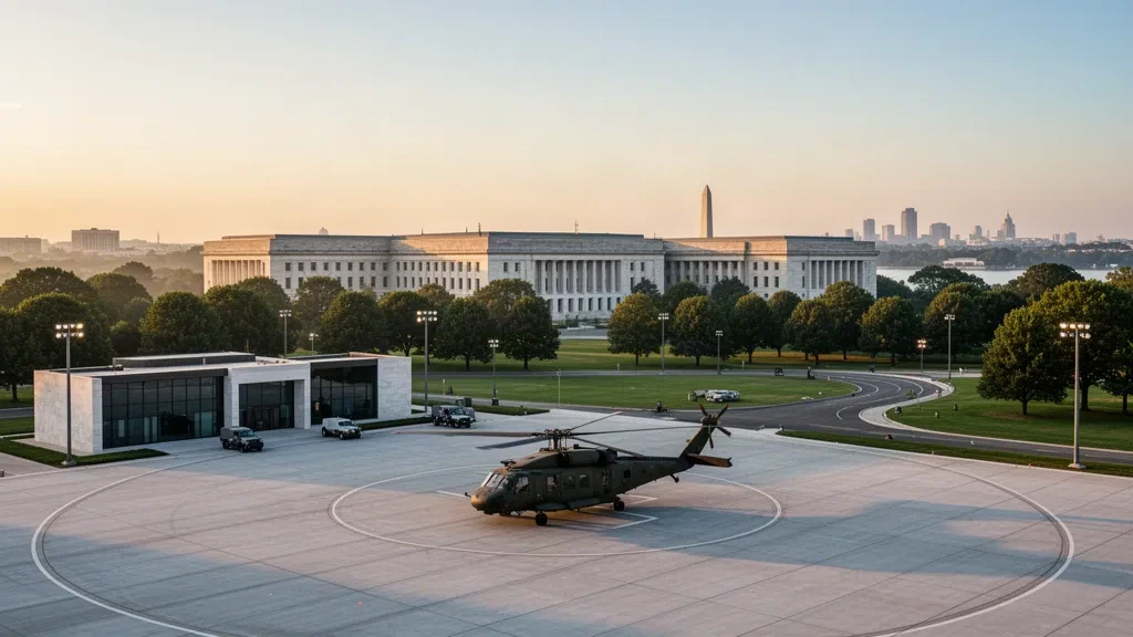 Helicóptero militar en la plataforma de concreto del helipuerto del Ejército del Pentágono en Arlington, Virginia, con la fachada del Pentágono detrás durante la hora dorada.