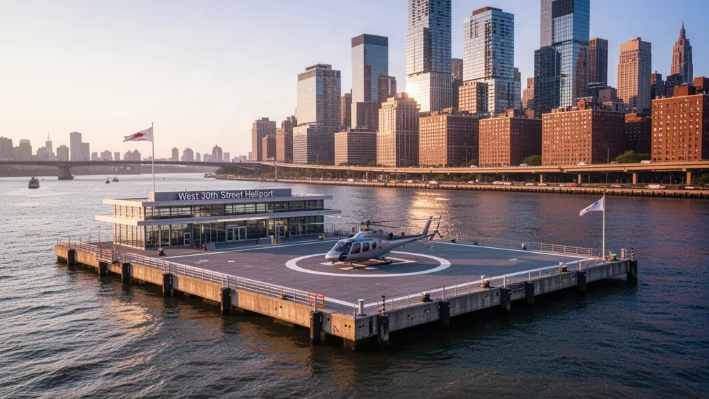 Hélicoptère sur le ponton de l'héliport de West 30th Street au bord de la rivière Hudson avec les gratte-ciel de Manhattan à l'heure dorée